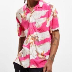 Urban Outfitters hot pink cherub short sleeve button down shirt